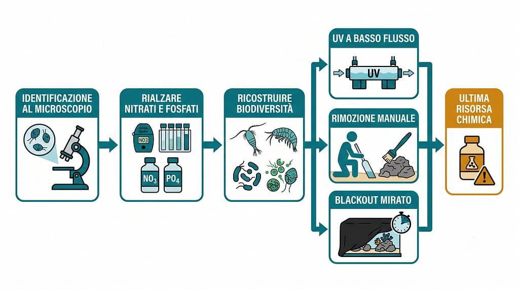 schema decisionale per eliminare i dinoflagellati in acquario passo dopo passo